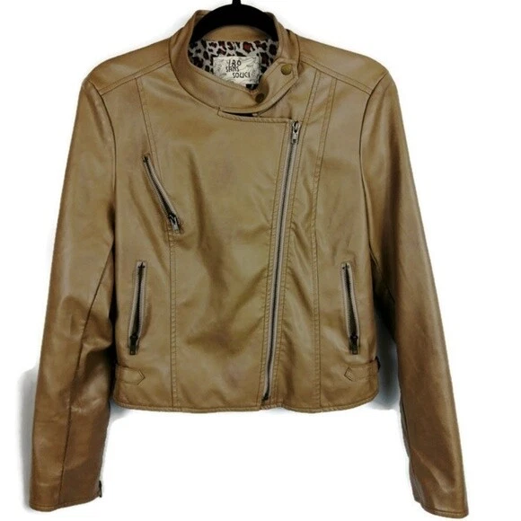 Sans Souci Women's Size Medium Faux Leather Biker Jacket Coat Tan | eBay