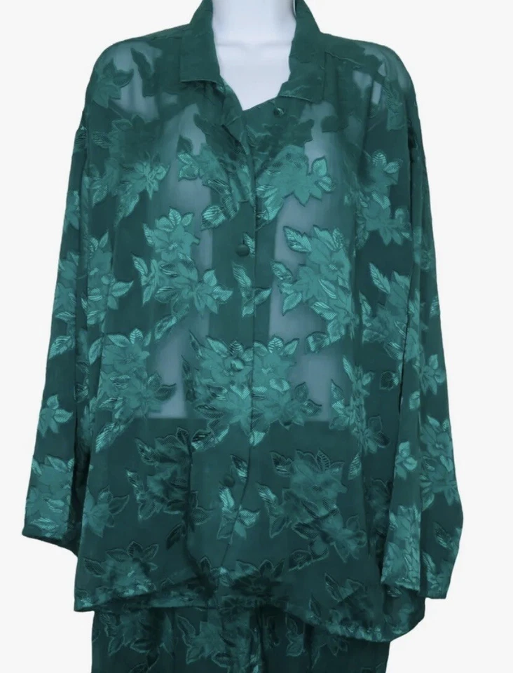 Camisa Pantalones Pijama Vintage Victoria’s Secret Etiqueta Dorada M Verde Brocado Transparente Foto 3 de 4
