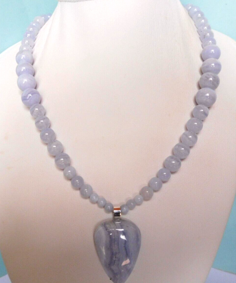 Collier calcédoine argent massif 46,50cm 230 carats, collier pierres bleues