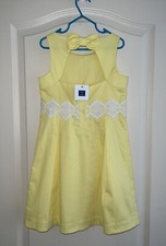 Janie Jack Girls Lemon Yellow White Lace Dress Size 5 Back Bow Cotton Blend New