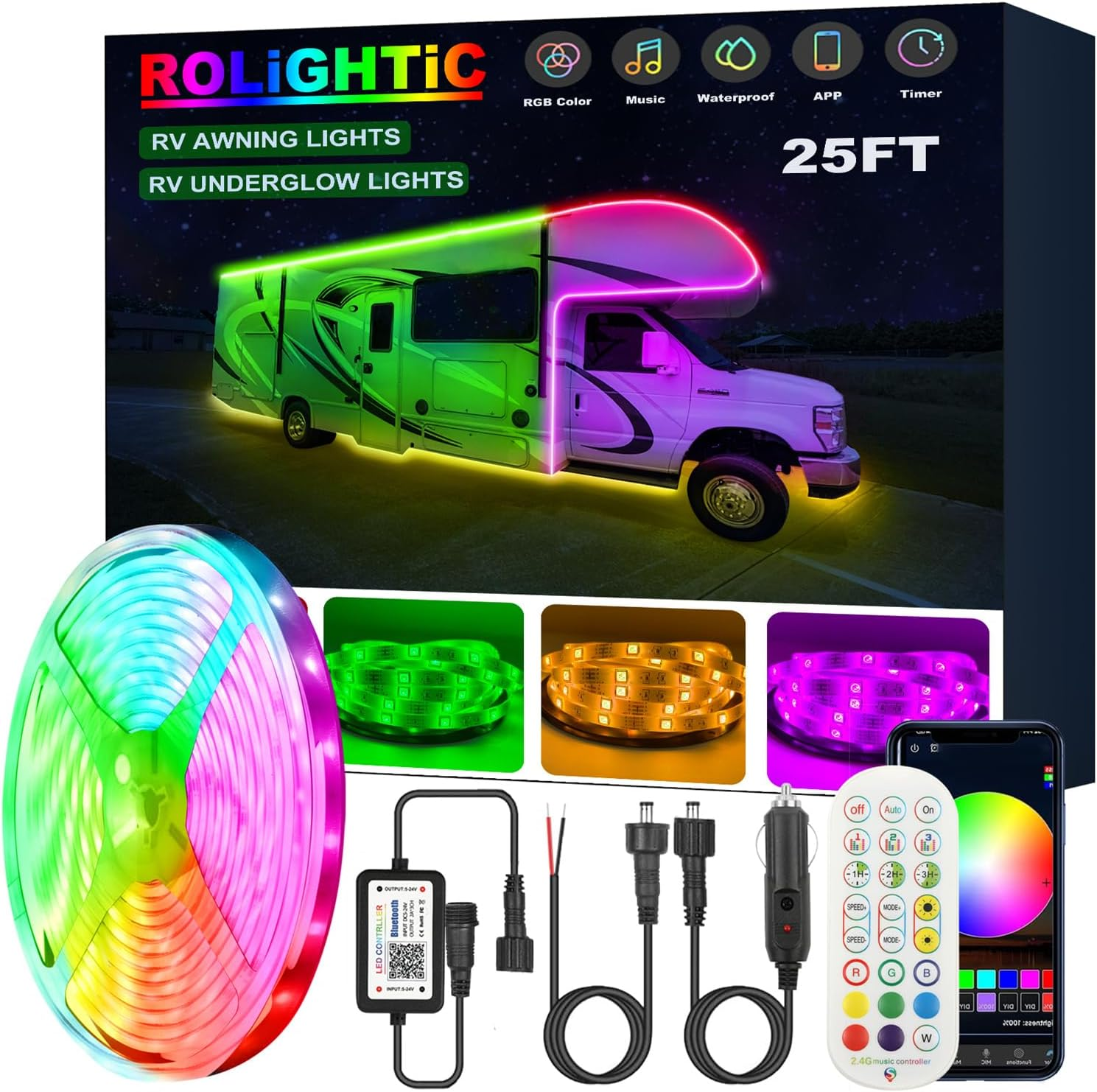 25FT 12V Multi-Color RV Awning and Camper Underglow LED Light Strip