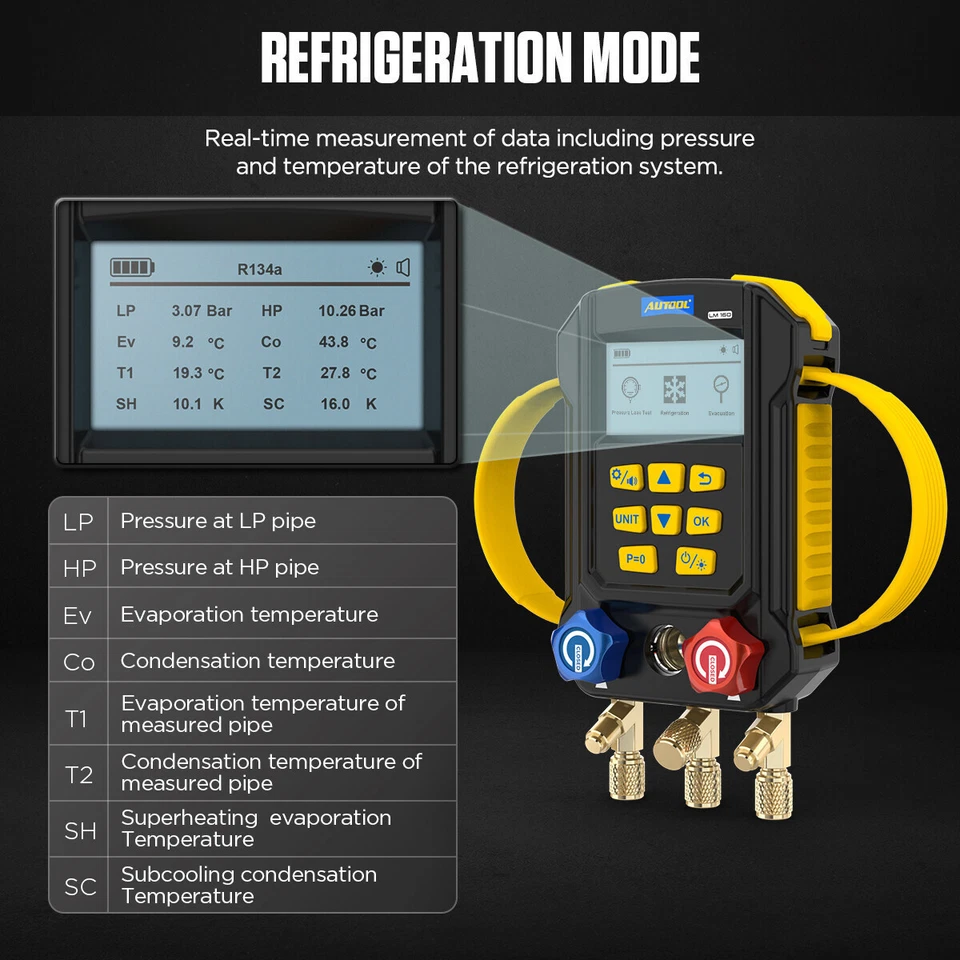 AUTOOL Lm160 Refrigeration Digital Manifold Gauge Set Hvac System Tester 870psi - Image 4 of 4