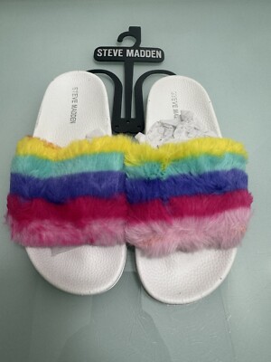 Steve Madden Rainbow Faux Fur Slippers Sandals Slides Women's Girls Big  Kids