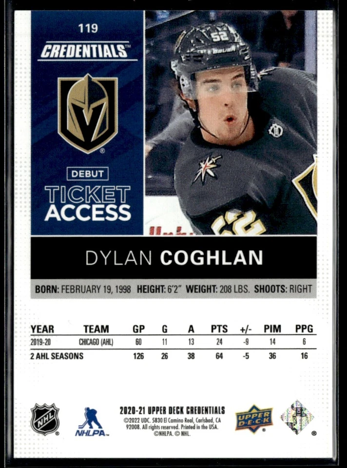 2021-22 Upper deck credentials debut ticket access Dylan Coghlan /999 #119 - Image 2 of 2