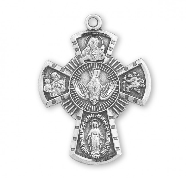 Sterling Silver Four Way Holy Spirit Cross Pendant Medal Necklace Made in USA