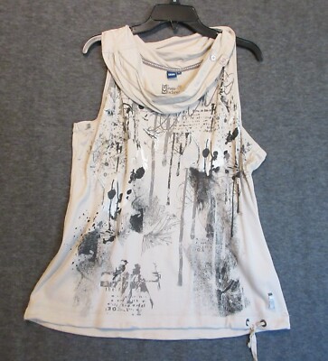 Cecil Tank Top Woman XL Tan/Black Cowl Neck Drawstring Hem Shirt Black Graphic