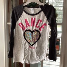 Justice Active Sequin Pink Heart Dance Graphic Long Sleeve Top T Shirt 10 Gray