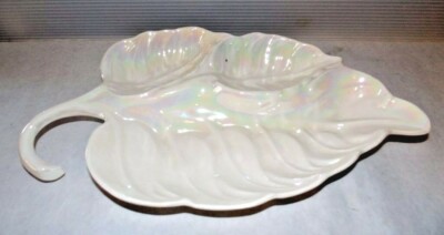 Mid Century Vintage Cal Style Pottery 2224 Large White Lusterware Leaf Dish 