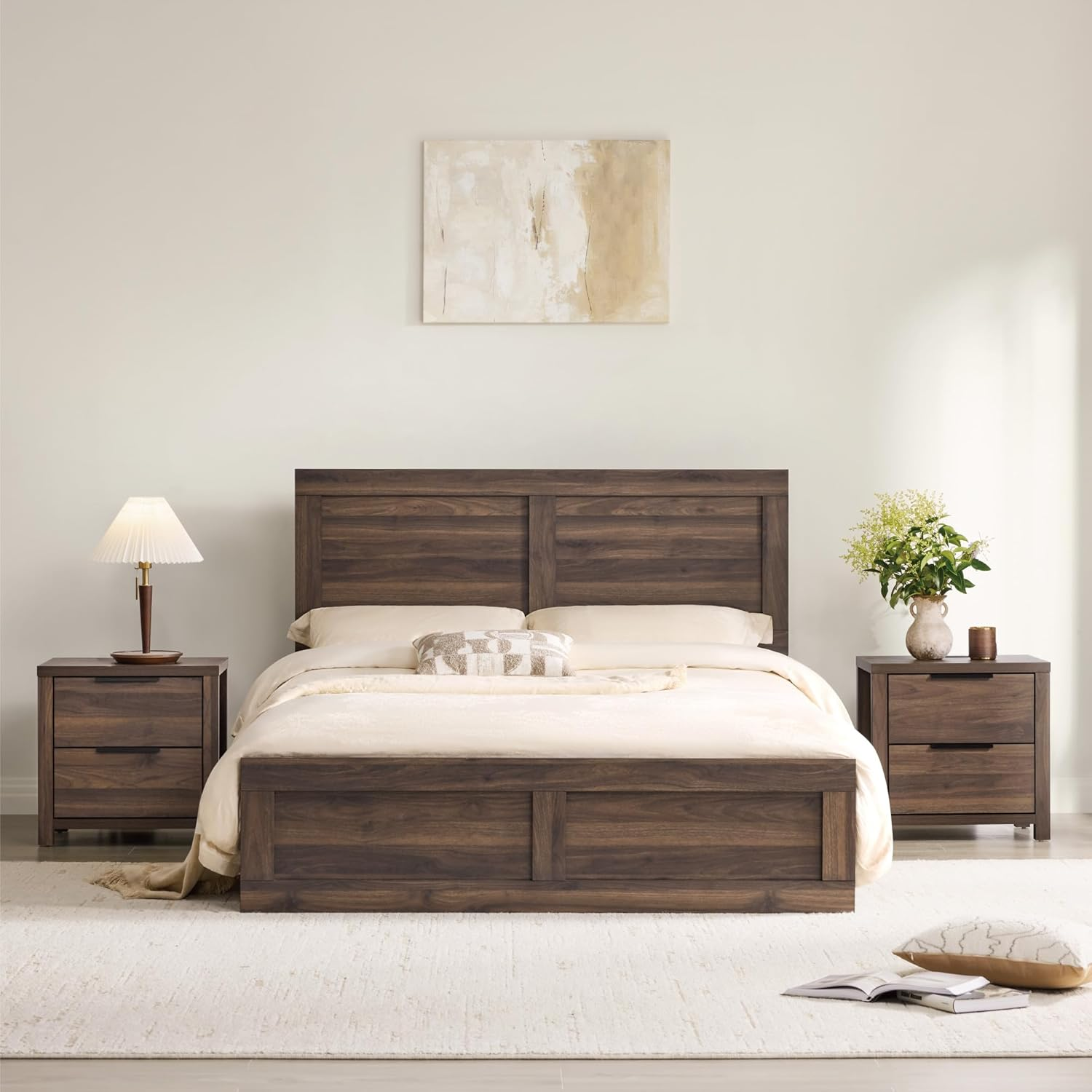 Queen Size 3-Piece Bedroom Set with Wood Bed Frame & Charging Nightstands