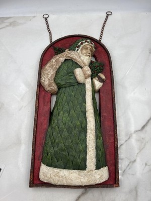 New Creative Santa 3D Wall Hanging Plaque Relief Green Robe Holly Christmas