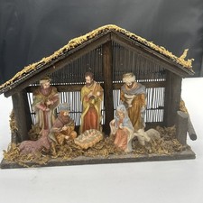 Vintage 8 Piece Set Christmas Nativity Scene Wood Manger Stable Ceramic Figures