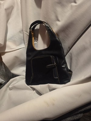 Vintage Y2K Black Leatherette Hobo Shoulder Bag with Tan Contrast Lining