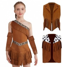 Kids Girls Fringe Suede Dress with Tassel Cowgirls Halloween Dress Up Costume