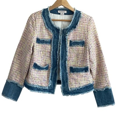 Nanette Lepore Women's Pink White Fringe Pocket Denim Trim Lined Jacket M