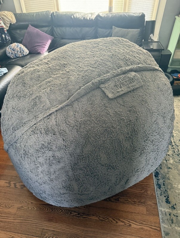 Gray Faux Fur Lovesac Supersac Round Bean Bag Chair