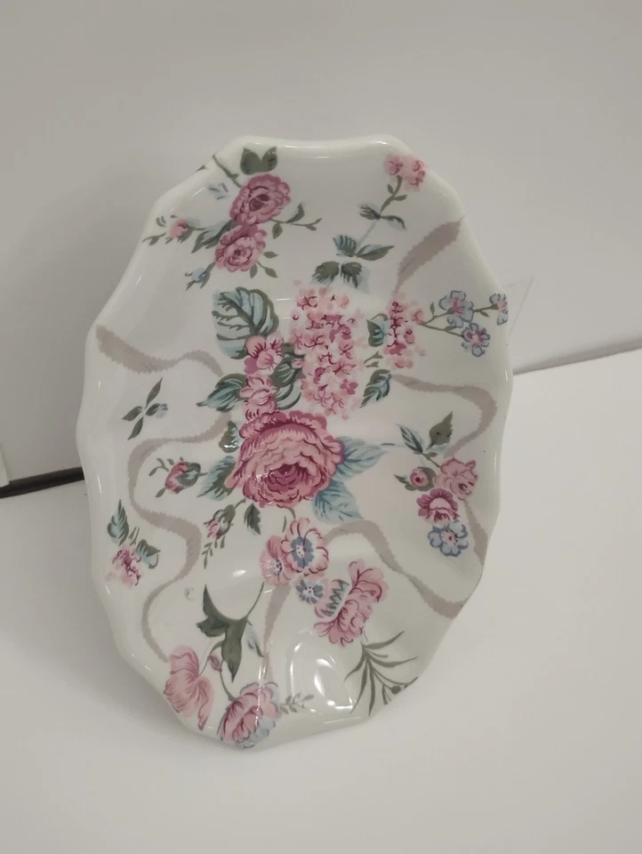 Jabonera de cerámica Shabby Chic rosa peonía rosa verde tocador de baño Foto 4 de 4