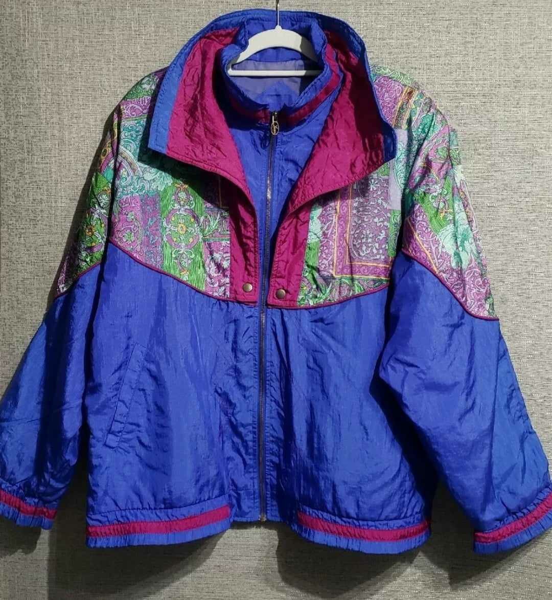 LAVON 80s Hip Hop Womens Blue-Purple Paneled Track Windbreaker Jacket 20/  22