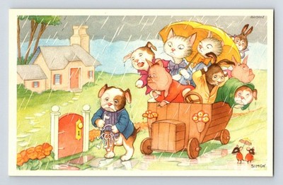 Tiere: Kinder. Schweden. Simon. Anthropomorphe Katze & Schwein. Regenschirm. Unbespielt.