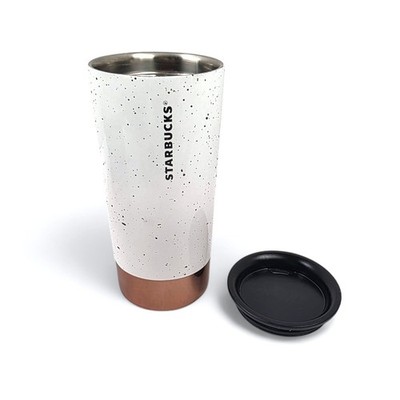Starbucks 12oz Speckled White Ceramic Copper Bottom Travel Tumbler Mug Cork Base
