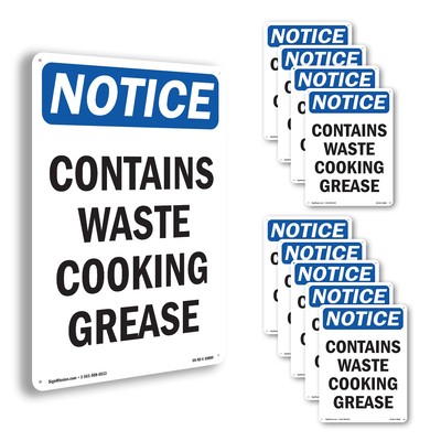 Contains Waste Cooking Grease OSHA Notice Sign Metal Plastic, Decal 5 or 10 Pack