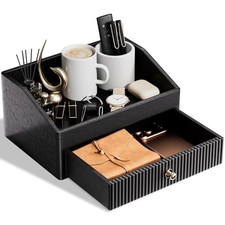 Desk Accessories,Vegan Leather Desk Organizers with 1 Draw  2 layers Black