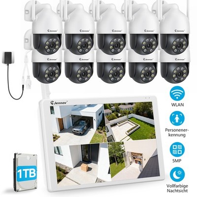 JENNOV WLAN Überwachungskamera Set Außen 1TB 10CH Monitor 5MP PTZ Wifi Kamera