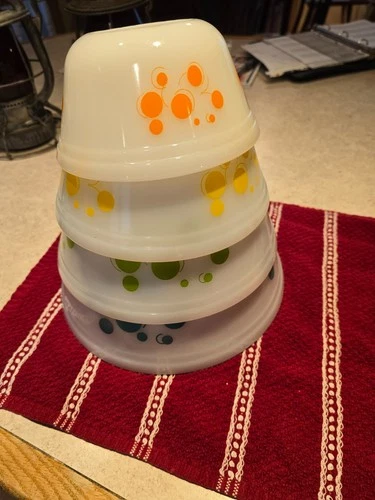 Vintage Federal Glass Mixing Bowls Set of 4 Atomic Dots Nesting Milk Glass