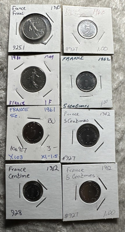 1960’s France 15 Coin Lot Franc Aluminum-Bronze VF Very Fine Francs