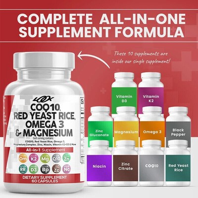 Coenzyme Q10 Red Yeast Rice Omega-3 Magnesium Niacin Zinc Vitamin K2 D3 Capsules