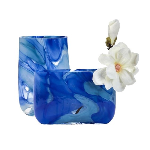 Torre & Tagus Andrea Handmade Glass Vase - 11 Inch Tall Blue Swirl Vase, Mouth-Blown Coastal Decor For Living Room, Entryway, Or Bedroom