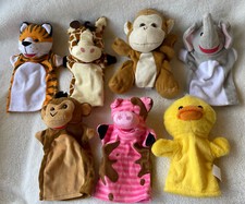 Lot of 7 Plush Animal Hand Puppets Duck Monkey Tiger Giraffe Pig Elephant EUC