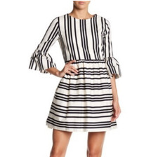 Alice + Olivia Augusta Striped Ruffled Sleeve Mini Dress Sz 8 Black Stripe New