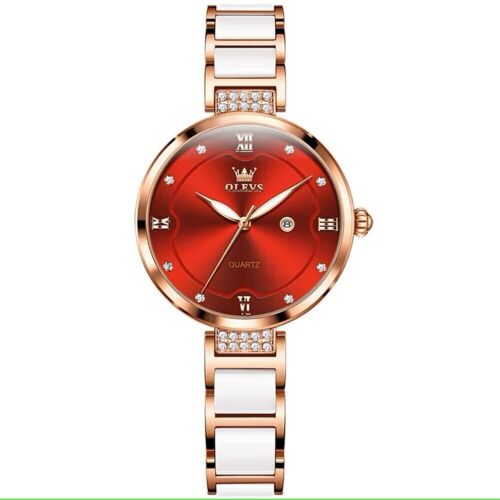 Olevs 5589 Quarz Uhr Keramik Armband Luxus elegante Damen Weiß /Rose - Bild 1 von 7