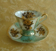 Vintage R & R Footed Lusterware Cup & Saucer Set Floral Gold Gilt