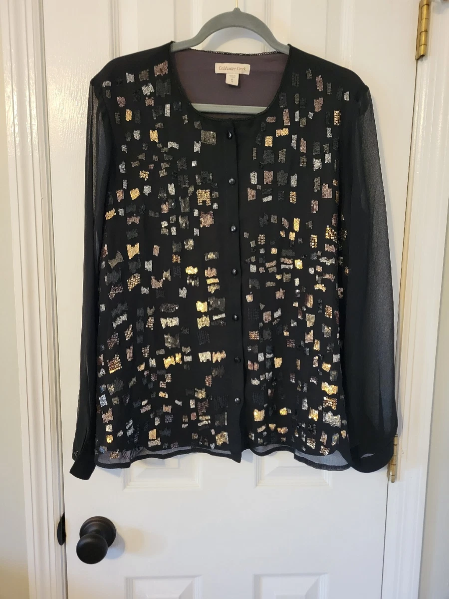 Coldwater Creek Dressy Black Blouse w Sequins Long Sleeves XL 16