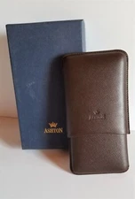 Cigar Cases: Ashton Robusto Brown, Cross Grain Leather Calfskin 3 Cigar Case