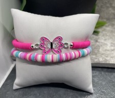 2 PC Set Heishi 7 Plus Stretch Bracelet Polymer Clay Beads Butterfly B3064