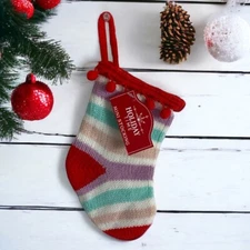Cable Knit Mini Sweater Knit Christmas Stocking Red White Blue Pom Poms NEW
