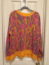 UMGEE Mix It Up Sweater Sz L Oversize Colorful Orange Pink Animal Print NEW