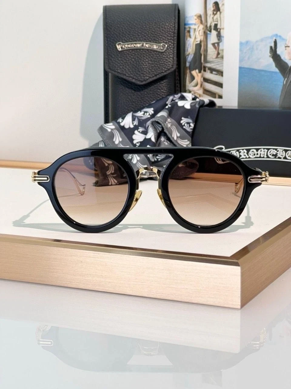 Chrome Hearts Honey Tunnel Black Gold Round Unisex Sunglasses 49-23-140cm