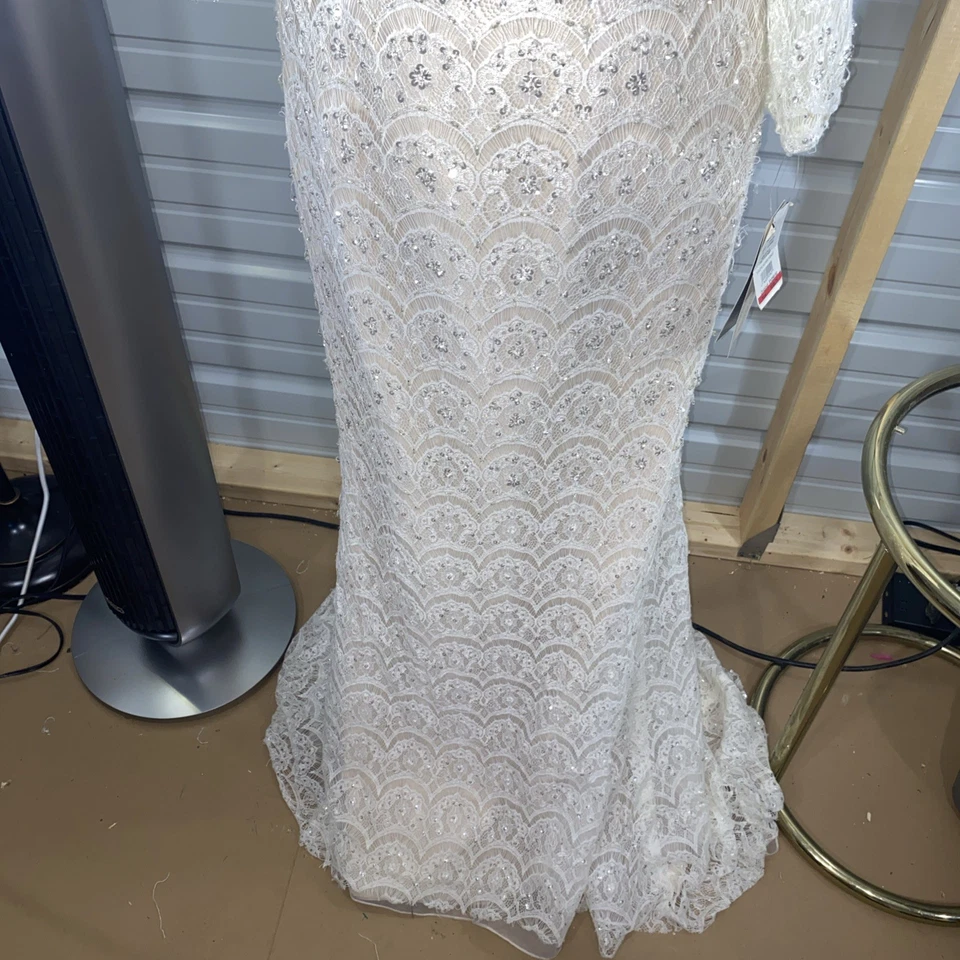Vestido de novia formal Oleg Cassini con cuentas lentejuelas encaje blanco roto marfil talla 14 Foto 3 de 4