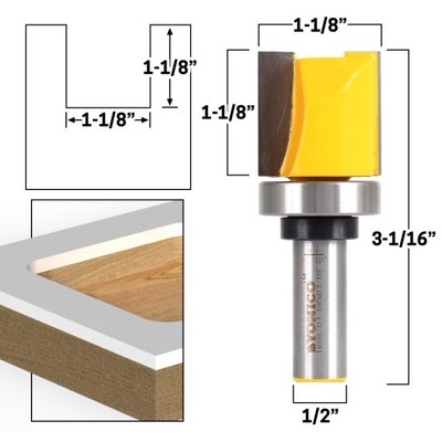 Flush Trim Template Router Bit 1-1/8'' Diameter - 1/2'' Shank - Yonico 14070