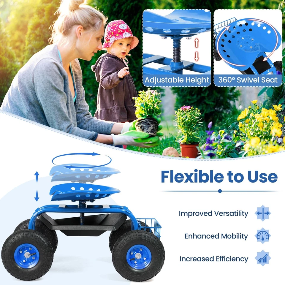 Asiento de jardín Goplus con ruedas, carro de jardín rodante verde - Imagen 4 de 4