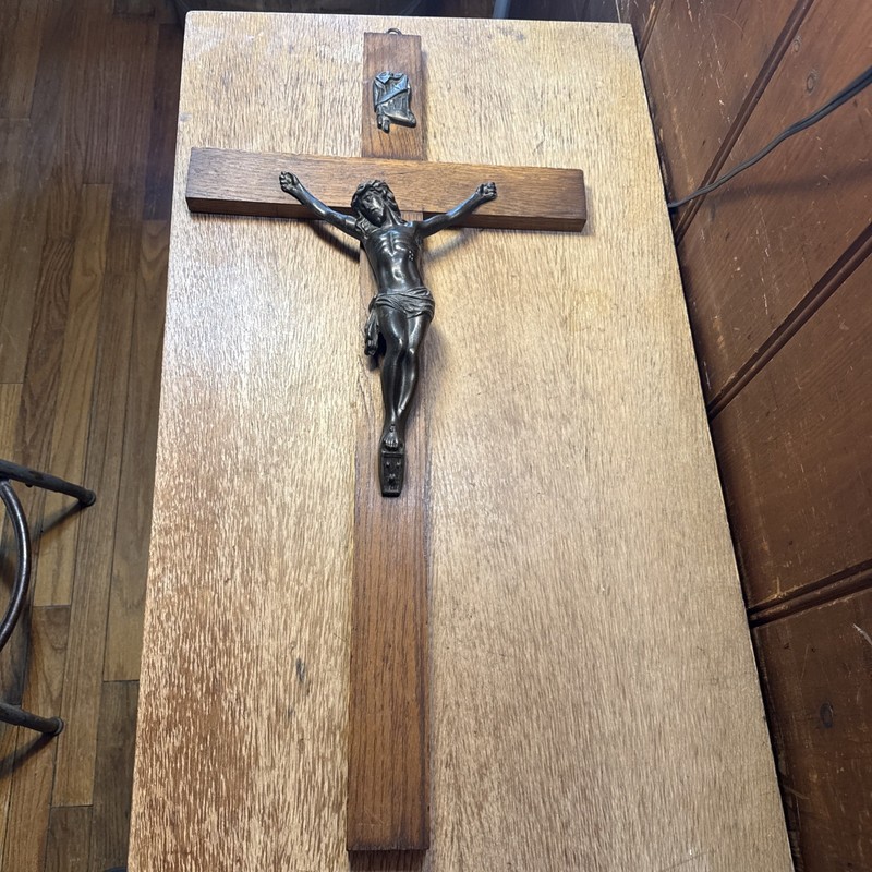 Antique Brass Oak INRI Church Cross Crucifix 29 1/2 X 14 1/2 Inches