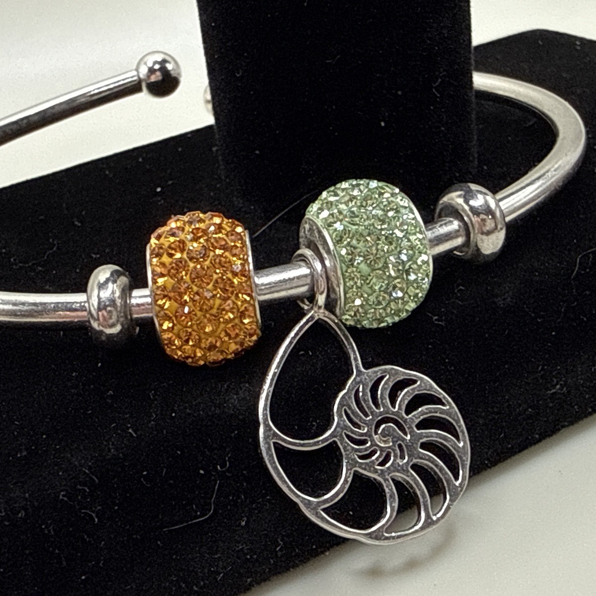 Italian Sterling Silver 925 Open Cuff Ball Bracelet With 3 Silver Charms.
