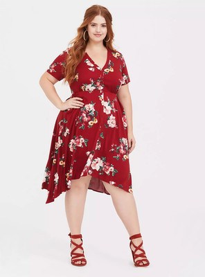 Torrid Midi Challis Shirt Dress Red Floral Size 2 2X Sharkbite Hem