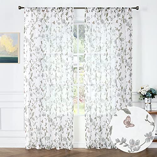 Sheer Floral Curtains Grey Flower Butterfly Printed Living Room Curtain Rod