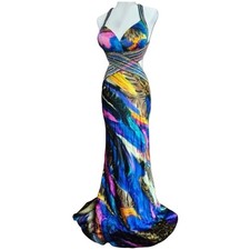 La Femme Womens Maxi Silk Multicolor Backless Sequin Gown Dress Size 6