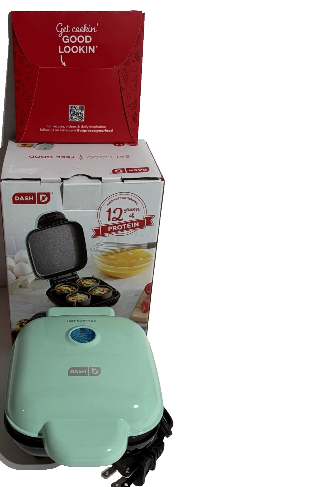 DASH Egg Bite Maker Teal NEW Open Box 4 Silicone Molds Manual Recipes 420 watts