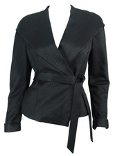 ESCADA Black Striped Textured Wool-Blend Sateen Tie Front Blazer Jacket 36